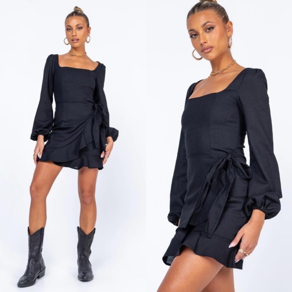 Princess Polly Villa Flirty Black Square Neck Long Sleeve Mini Dress